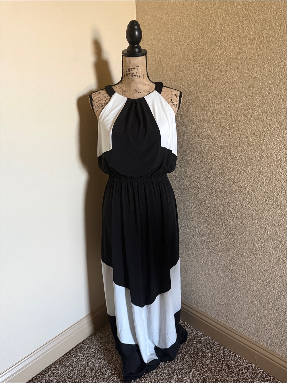 Vince Camuto Black and Off White Colorblock Halter Maxi Dress